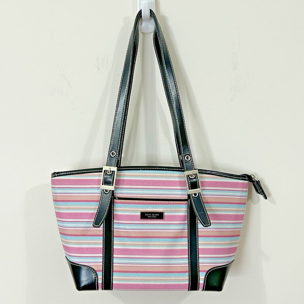 VINTAGE KATE SPADE NY Striped Satchel Pink Blue Coated Canvas Black Trim - RARE